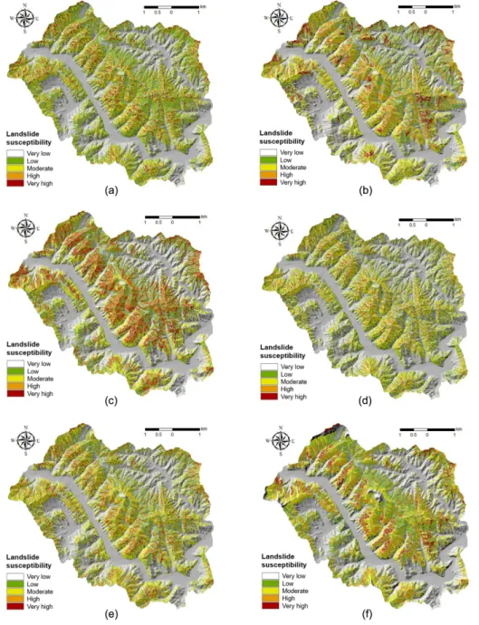 Fig. 6. Landslide susceptibility maps for Sangju area: (a) Case 1, (b) Case 2, (c) Case 3, (d) Case 4, (e) Case 5, (f) Case 6.