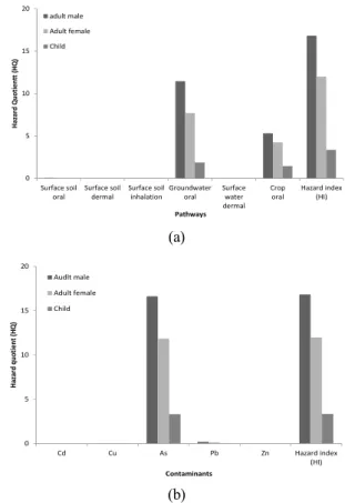 Fig. 2. Non-carcinogenic risk of Jucheon mine  according to exposure pathway (a) and type of  contaminant (b).