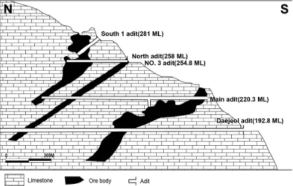 Fig. 3. Cross section of the Wooseok deposit(Modified from KORES, 1981).