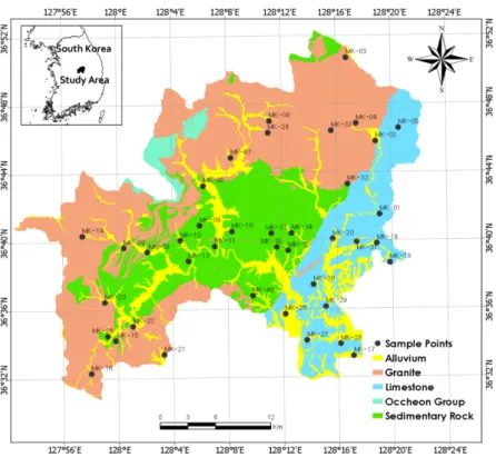 Fig. 1. Location of groundwater samples and lithology map of the study area.