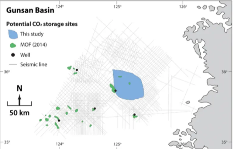 Fig. 3. Distribution map of potential CO 2  storage sites in Gunsan Basin (modified from MOF, 2014)