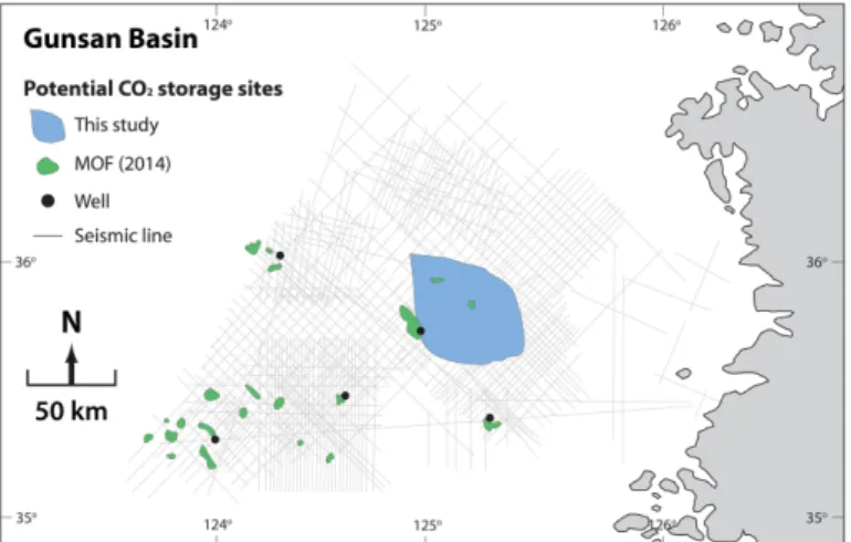 Fig. 3. Distribution map of potential CO 2  storage sites in Gunsan Basin (modified from MOF, 2014)