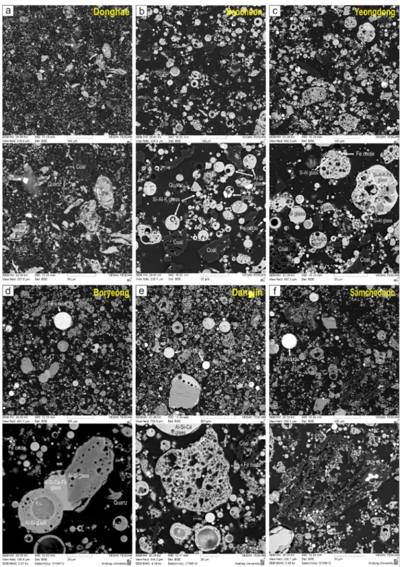Fig. 3. Back-scattered electron images of the polished sections of Korean fly ash samples from 9 thermal  power plants