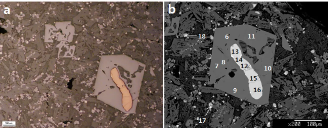 Fig. 5. Reflected light photomicrograph (a) and Backscattered scanning electron photomicrograph (b) of slag  from Kazakhstan