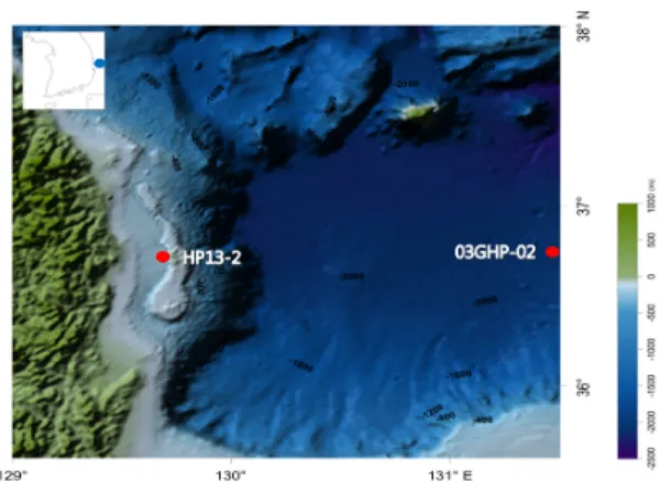 Fig. 1. Sampling location map in the Ulleung Basin  and Hupo Basin, East Sea.