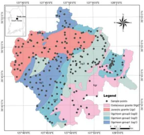 Fig. 1. Location and simplified geological map of the study area with groundwater sampling points.