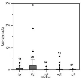 Fig. 6. Box plot showing uranium concentration in the groundwaters for each geology.