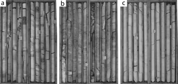 Fig. 7. Variations of the clastic composition by height in the Daegi Formation, a) SiO 2 , b) Al 2 O 3 , and c) K 2 O.