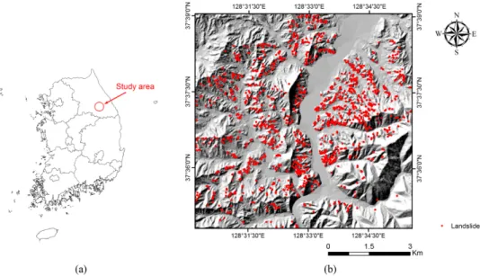 Fig. 2. (a) location of study area, (b) map of study area and landslide inventory.
