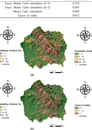 Fig. 9. Maps showing probability of failure evaluated using Fuzzy Monte Carlo simulation (a) k=1, (b) k=2.