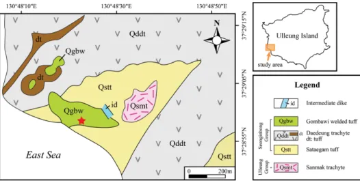 Fig. 1. Geological map modified from Hwang et al. (2012). The study area bearing obsidian is marked as a star