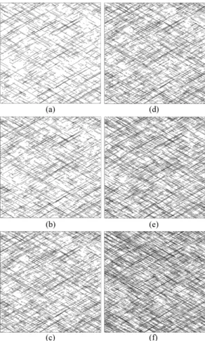 Fig. 1. Selected example DFNs of generated joint traces on a square window of size 20m having different joint density; (a) D1-2-1, (b) D1-2-2, (c) D1-2-3, (d) D2-2-1, (e) D2-2-2, (f) D2-2-4.