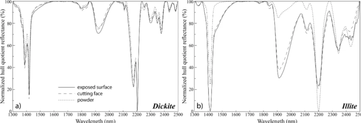 Fig. 7. Normalized hull quotient SWIR reflectance spectra based on the surface states of dickite (a), and illite (b)