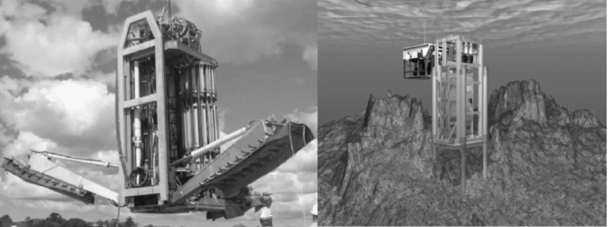 Fig. 12. Competing landing systems of seabed drill. Outrigger system with three pods (left panel) versus levelling legs system with four pods (right panel)