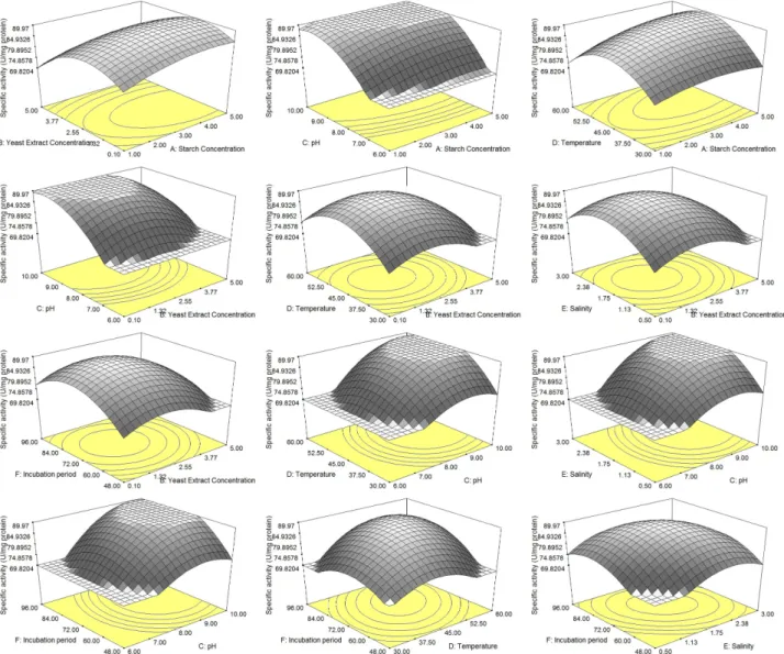 Fig. 1. Three-dimensional response surfaces plots showing the effect of interaction various factors on CGTase production.