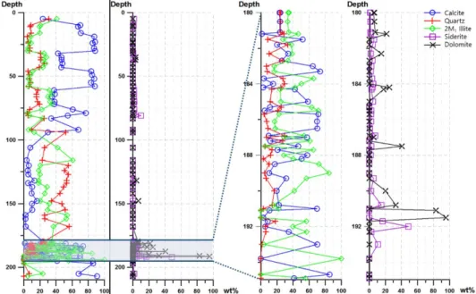 Fig. 4. Vertical variations (wt %) of major mineral components of the core with depth from 0 m to 207 m (left) and from 180 m to 196 m (right).