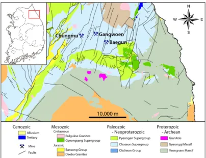 Fig. 1. Spatial distribution of high-quality limestone deposits in the Taebaek basin.