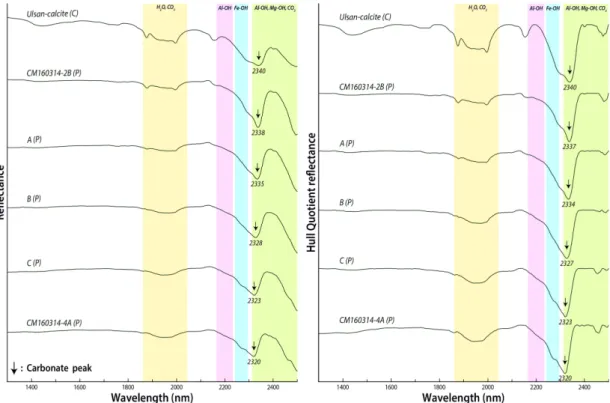 Fig. 8. Reference spectra for calcite, dolomite and intermediate mixtures. C, cutted specimen; P, powdered specimen; CM, Chungmu