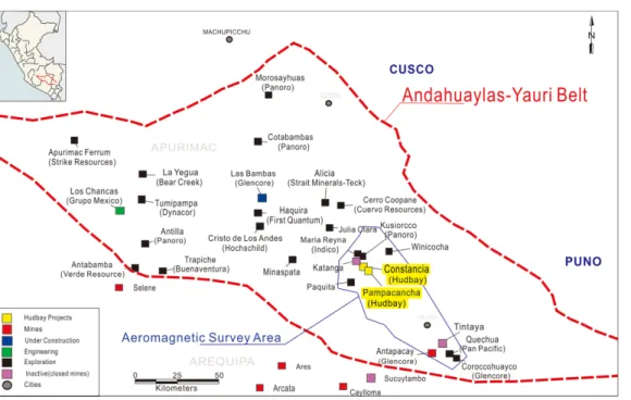 Fig. 3. Simple Geological map showing the major structures, granites and ore-deposits near the Constancia mine (modified from Hudbay(2013)).