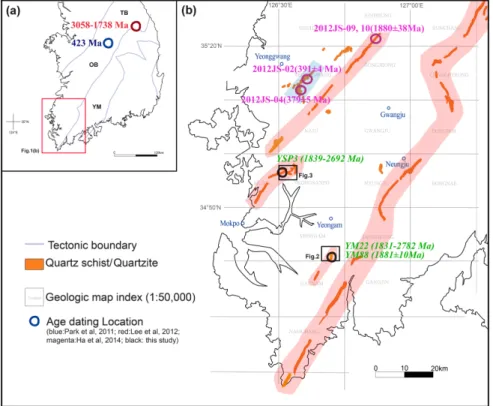 Fig. 1. (a) Map of age dating locations and index map of (b). (b) Geologic index map on a scale of 1: 50,000 showing distribution of quartz schist and sampling localities.