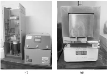 Fig. 1. Parts of compaction die set ⒜,  longitudinal section view of during compacting zirconia specimens ⒝, compacting machine ⒞, and presintering furnace ⒟