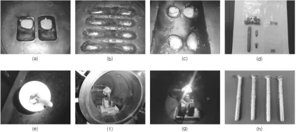 Fig. 2. Manufactured Co-Cr-Mo based mother alloy used by high vacuum induction melting furnace; ⒜ Co-Cr (65g- (65g-75g), ⒝ Co-Mo (15g-15g),  ⒞ Co-Mn (15g-3g), ⒟ 300g/charge, ⒠ ceramic crucible, ⒡ VIM, ⒢ melting and ⒣ mother alloys ⒜ ⒝ ⒞ ⒟⒠⒡⒢⒣ #GrⅠ, #GrⅡ 및 