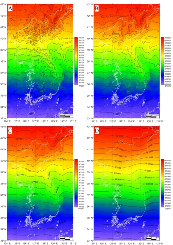 Fig. 13. External gravity field maps at (A) 1-, (B) 3-, (C) 9-, (D) 30-, (E) 100-, (F) 300-, (G) 600-, and (H) 900-km altitudes.