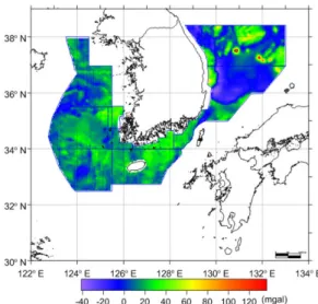 Fig. 2. Free-air anomaly map derived from shipborne gravity measurements around South Korea.