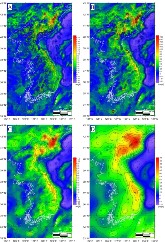 Fig. 12. External gravity free-air anomaly maps at (A) 1-, (B) 3-, (C) 9-, (D) 30-, (E) 100-, (F) 300-, (G) 600-, and (H) 900-km altitudes.