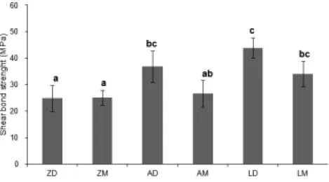 Fig. 4. Mean and standard deviation of shear bond strength. Different letters mean significant difference at p<0.05 level