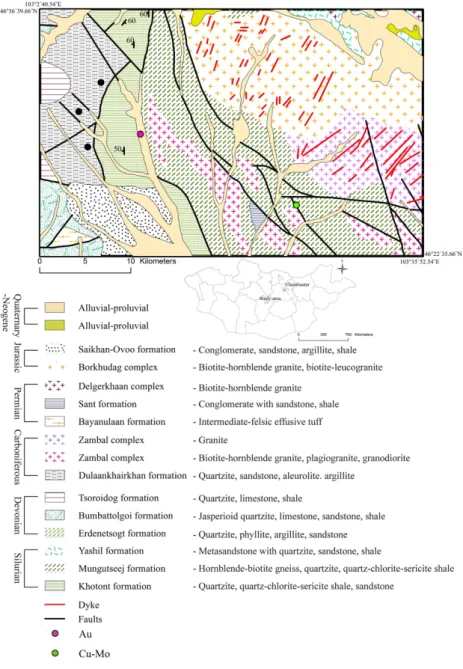 Fig. 1. Geology map and location map of the study area(modified from Dejidmaa et al., 2009).