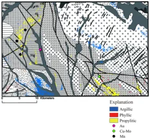 Fig. 5. Alteration patterns of study area by ABRLO, PBRLO, and PrBRLO overlaid on the ASTER band 3 image and the geologic map of the study area.