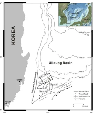 Fig. 1. Structural map from the southwestern margin of the Ulleung Basin, East Sea(modified from Yoon, 1994).