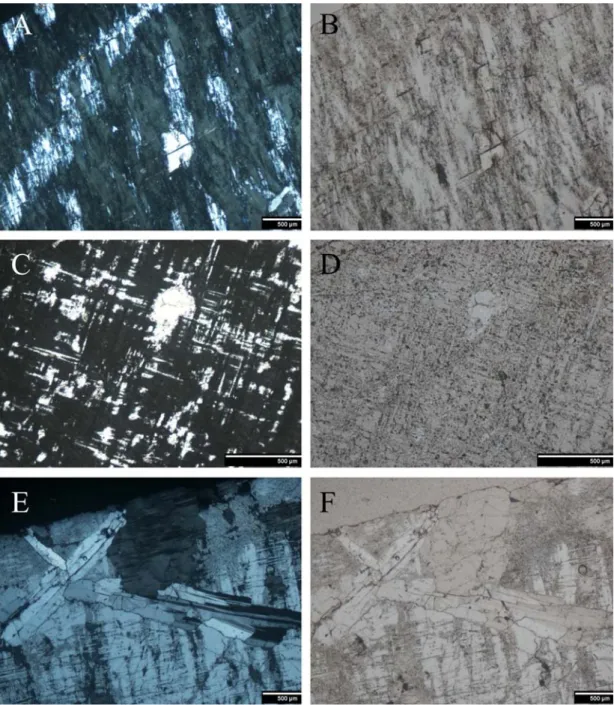 Fig. 3. Photomicrographs of the amazonite specimen. (A &amp; B) albite exsolution texture, (C &amp; D) complex  twinning, (E &amp; F) plagioclase laths in amazonite crystal
