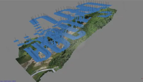 Fig. 3. Flight path for photogrammetry. magenta blue rectangles along the flight path mean camera angles.