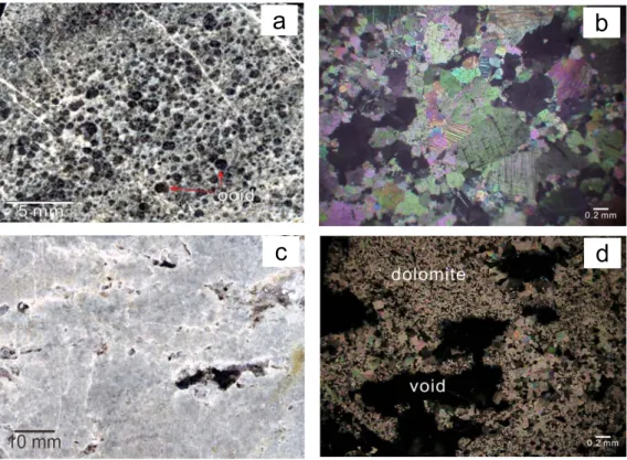 Fig. 4. Microtextures of dark gray (a, b) and light gray (c, d) dolomite ores. (a, c) are the scanned images of rock slabs