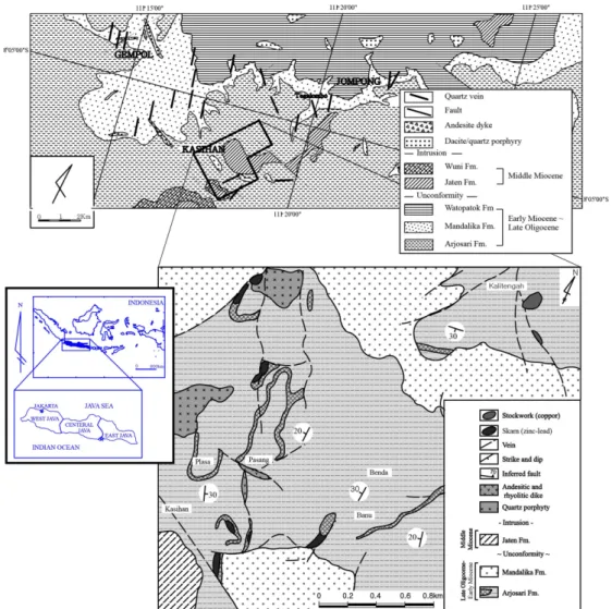 Fig. 1. Geologic map of the Pacitan mineralized district and Kasihan mineralized area for showing location of skarn and hydrothermal stockwork ore bodies