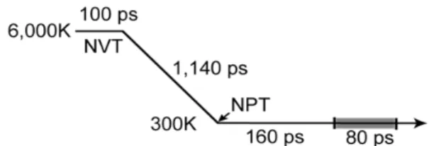 Fig. 1. Procedure of MD simulations used to gene- gene-rate Na borosilicate glass structures (not scaled, see  the text for details).