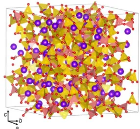 Fig. 2. Unit cell structure of reedmergnerite obtained  from MD simulations. Red = O; Yellow = Si; Purple