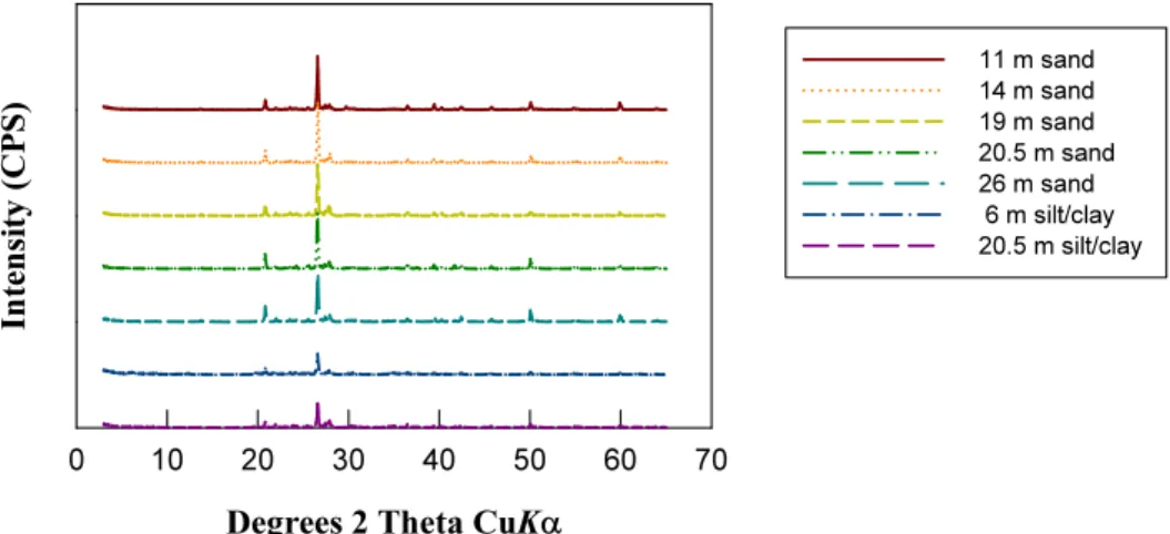 Fig. 2. X-ray diffraction patterns of the aquifer sediment samples collected from different depths at the research  site