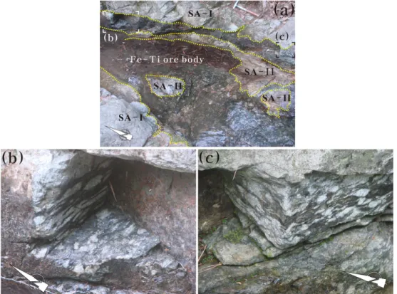 Fig. 11. Outcrop photographs of the sheet structure of FTO injected between SA-I and SA-II in the No