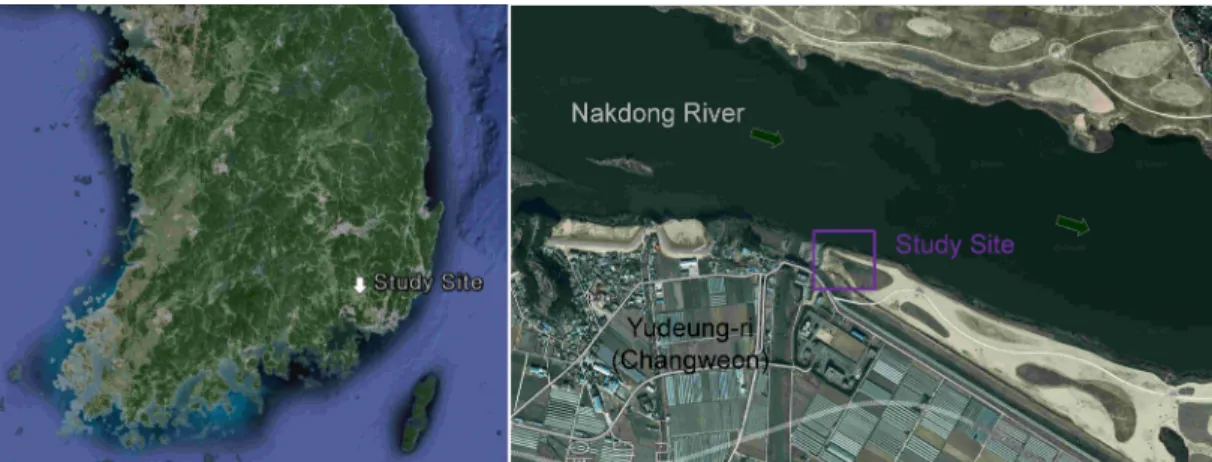 Fig. 1. Study site (sources: google earth and http://map.daum.net/, 2014-10-28). The artificial recharge system is installed in the violet box area of the right figure