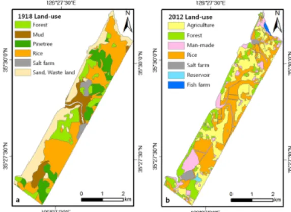 Fig. 8. Land-use map of the study area; (a) 1918 land-use map, and (b) 2012 land-use map