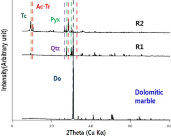 Fig. 7. X-ray diffraction patterns of carbonate rock R1 and R2. (Ac = actinolite, Tc = talc, Tr = tremolite, Do = dolomite, Pyx = pyroxene, Qtz = Quartz)