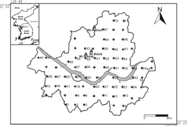 Fig. 1. Map of the study area showing the sampling points of grid size of 2.5km in Seoul area