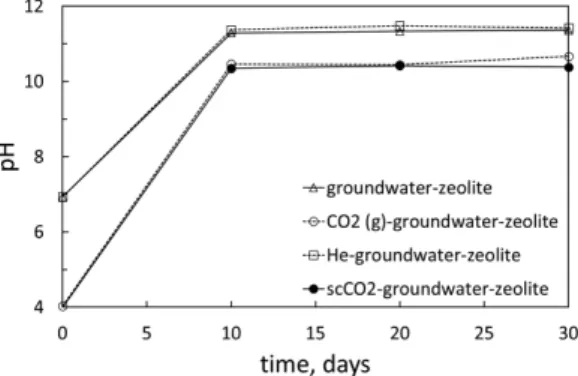 Fig. 4. pH change in groundwater-zeolite reaction with and without CO 2 .