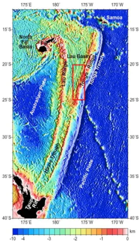Fig. 1. Bathymetry of the Lau Basin in the south western Pacific. The rectangular box outlined by red lines represents the survey area of KIOST(2009) in the Tofua arc.