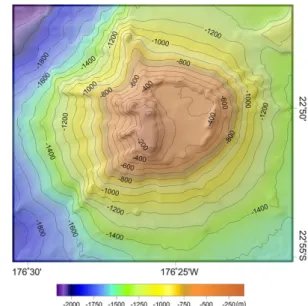 Fig. 4. Bathymetry of TA19-2 seamount. Contour intervals are 100 m.
