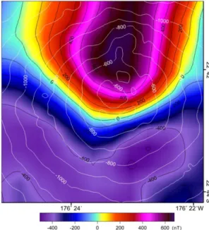 Fig. 6. Analytic signal map of TA19-1 seamount. Contour intervals are 0.05 nT/km. White lines represent bathymetry.
