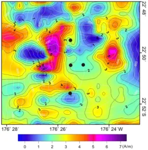 Fig. 10. Magnetization of TA19-2 seamount. Contour intervals are 0.5 A/m. White lines represent bathymetry.